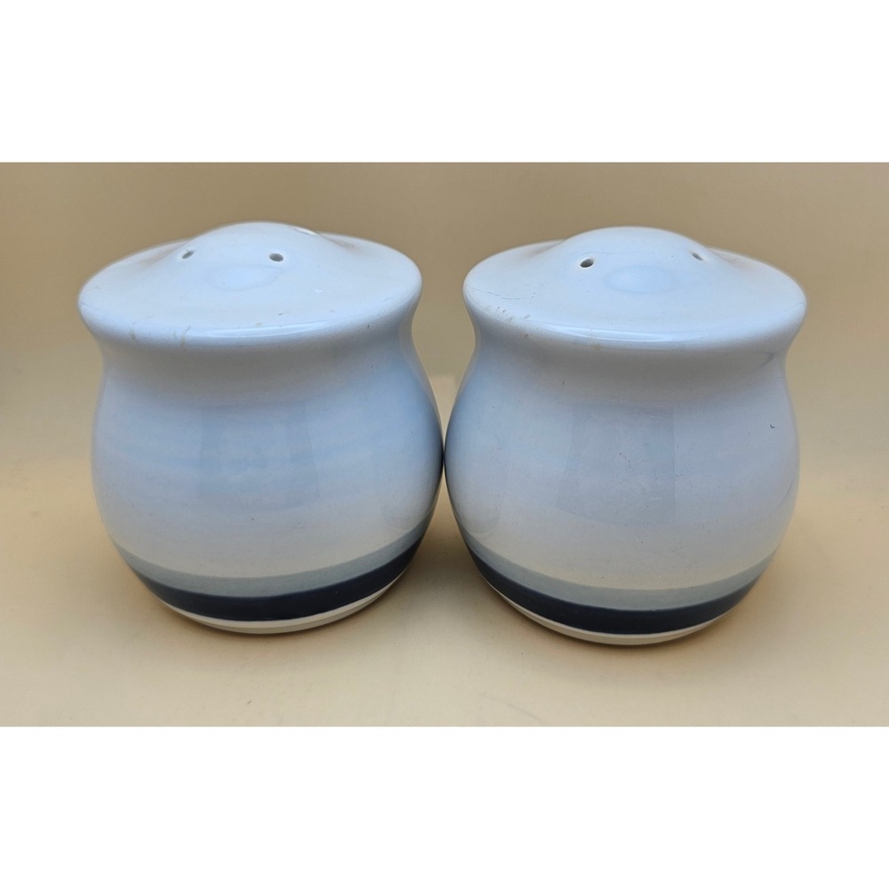 Vintage Stoneware Salt and Pepper Shakers Blue Striped Ceramic Farmhouse Set